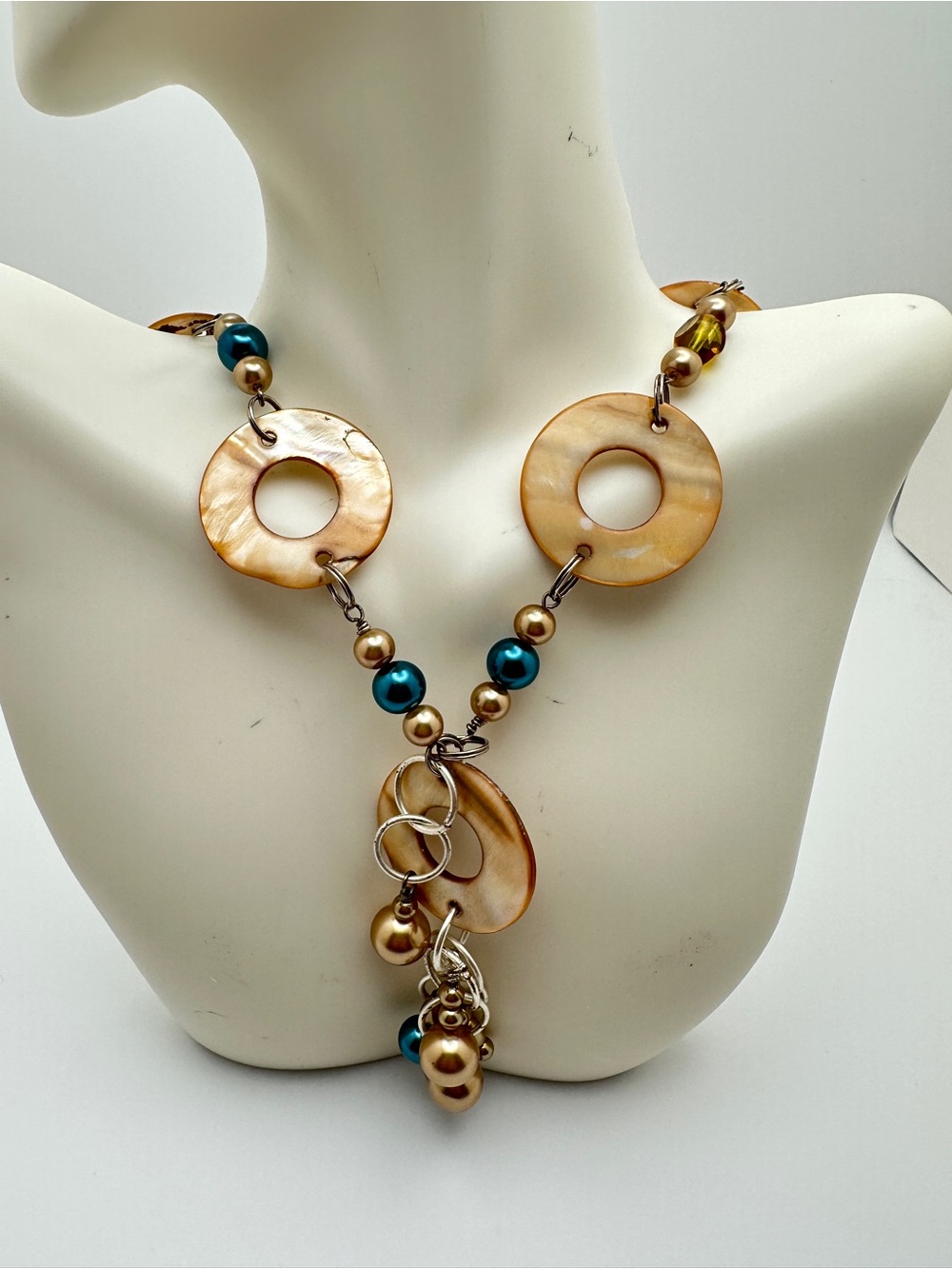 Handcrafted Gold and Teal Bead Ring Pendant Necklace